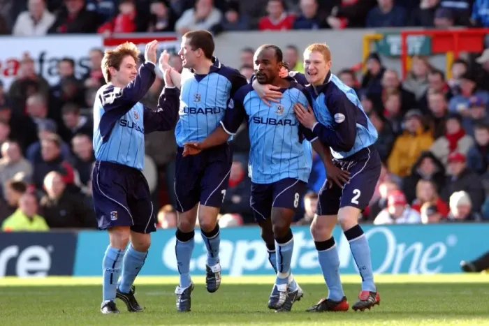 Framed Print : Celebrating Glory: Coventry City's Patrick Suffo and Teams Ecstatic Reaction to Winning Goal vs. Nottingham Forest (Nationwide League Division One, 07-02-2004) Framed Print : Celebrating Glory: Coventry City's Patrick Suffo and Teams Ecstatic Reaction to Winning Goal vs. Nottingham Forest (Nationwide League Division One, 07-02-2004)