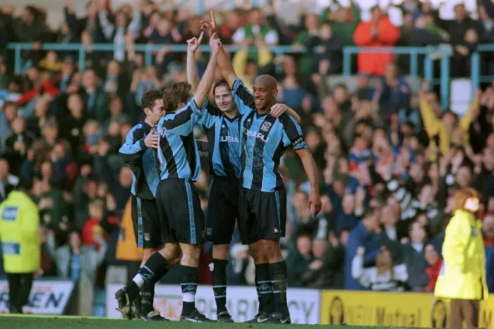 Framed Print : Celebrating Glory: Coventry City's Unforgettable Moment - Dublin, Telfer, Huckerby, and Whelan's FA Carling Premiership Victory over Barnsley (1998) Framed Print : Celebrating Glory: Coventry City's Unforgettable Moment - Dublin, Telfer, Huckerby, and Whelan's FA Carling Premiership Victory over Barnsley (1998)