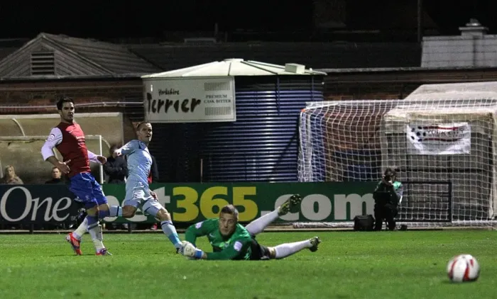 Framed Print : Chris Hussey Scores Coventry City's Fourth Goal in Johnstones Paint Trophy Match Against York City