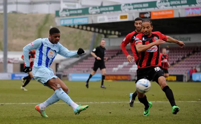 Framed Print : Chuba Akpom's Strike Against Shrewsbury Town: Coventry City's Sky Bet League One Clash (2014)