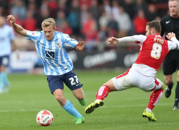 Framed Print : Clash of Captains: Jimmy Ryan (Fleetwood Town) vs George Thomas (Coventry City) - Sky Bet League One Rivalry Framed Print : Clash of Captains: Jimmy Ryan (Fleetwood Town) vs George Thomas (Coventry City) - Sky Bet League One Rivalry