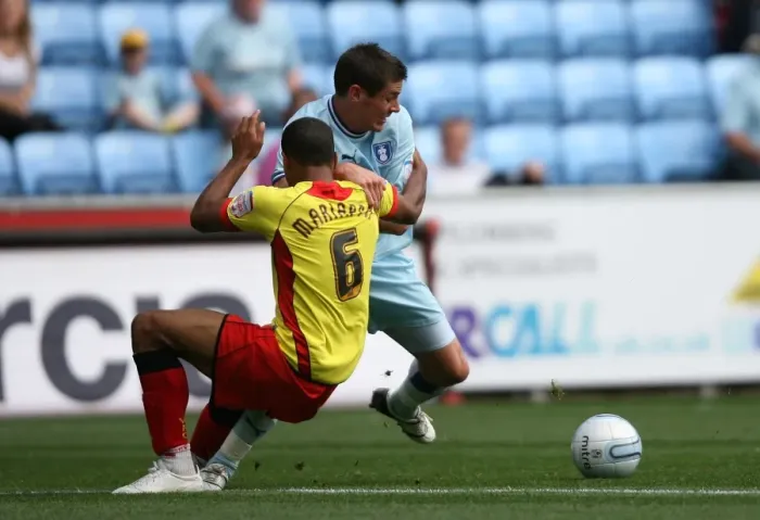 Framed Print : Clash of the Captains: Jutkiewicz vs Mariappa in Coventry City vs Watford (Npower Championship, 20-08-2011, Ricoh Arena) Framed Print : Clash of the Captains: Jutkiewicz vs Mariappa in Coventry City vs Watford (Npower Championship, 20-08-2011, Ricoh Arena)