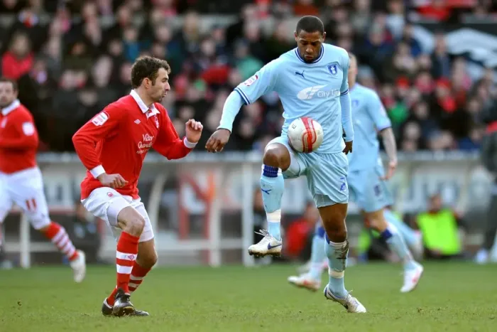 Framed Print : Clash at the City Ground: Platt and Higginbotham's Intense Battle for Ball Supremacy (18-02-2012) - Coventry City vs. Nottingham Forest, Npower Championship Framed Print : Clash at the City Ground: Platt and Higginbotham's Intense Battle for Ball Supremacy (18-02-2012) - Coventry City vs. Nottingham Forest, Npower Championship