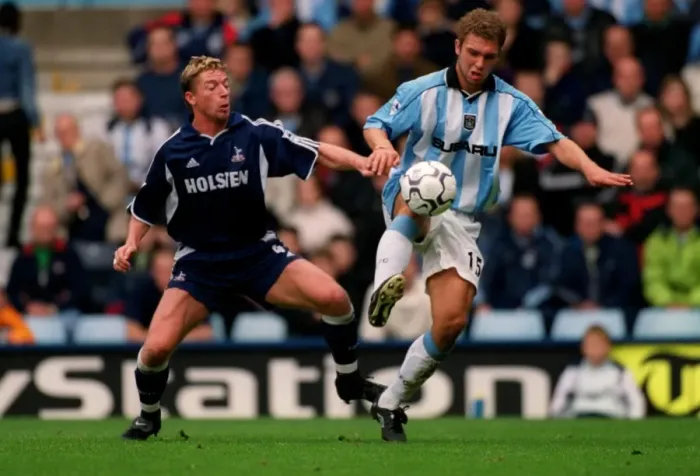 Framed Print : Clash at the Coventry: Eustace vs. Freund in FA Carling Premiership Showdown (Coventry City vs. Tottenham Hotspur, 14-10-2000) Framed Print : Clash at the Coventry: Eustace vs. Freund in FA Carling Premiership Showdown (Coventry City vs. Tottenham Hotspur, 14-10-2000)