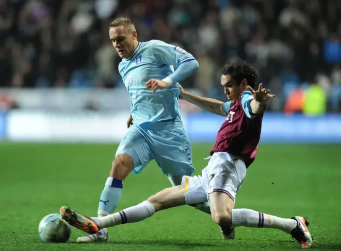 Framed Print : Clash of the Full-backs: Chris Hussey vs. Joey O'Brien (Coventry City vs. West Ham United, Npower Championship, Ricoh Arena, 2011) Framed Print : Clash of the Full-backs: Chris Hussey vs. Joey O'Brien (Coventry City vs. West Ham United, Npower Championship, Ricoh Arena, 2011)