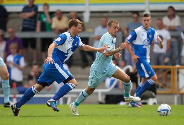 Framed Print : Clash of the Midfielders: Sean Rowe (Bristol Rovers) vs. Carl Baker (Coventry City) Framed Print : Clash of the Midfielders: Sean Rowe (Bristol Rovers) vs. Carl Baker (Coventry City)