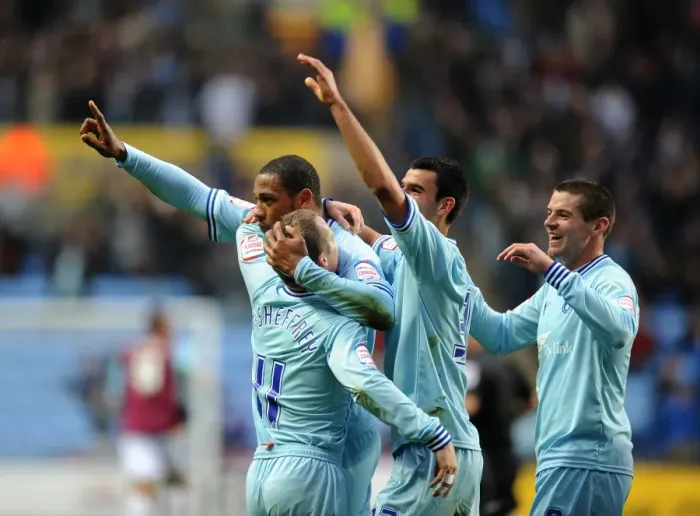 Framed Print : Clive Platt Scores First Goal for Coventry City Against West Ham United at Ricoh Arena (19-11-2011)