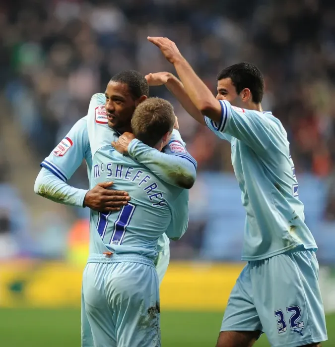 Framed Print : Clive Platt's Euphoric Goal Celebration: Coventry City's First Strike Against West Ham United (Npower Championship, 19-11-2011) Framed Print : Clive Platt's Euphoric Goal Celebration: Coventry City's First Strike Against West Ham United (Npower Championship, 19-11-2011)