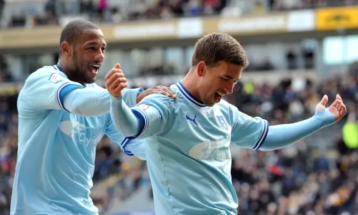 Framed Print : Cody McDonald and Clive Platt: A Celebratory Moment as Coventry City Scores the Second Goal Against Hull City in the Npower Championship (March 31, 2012) Framed Print : Cody McDonald and Clive Platt: A Celebratory Moment as Coventry City Scores the Second Goal Against Hull City in the Npower Championship (March 31, 2012)
