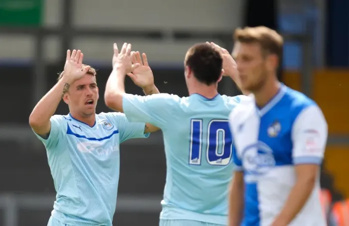Framed Print : Cody McDonald Scores the Opener for Coventry City against Bristol Rovers