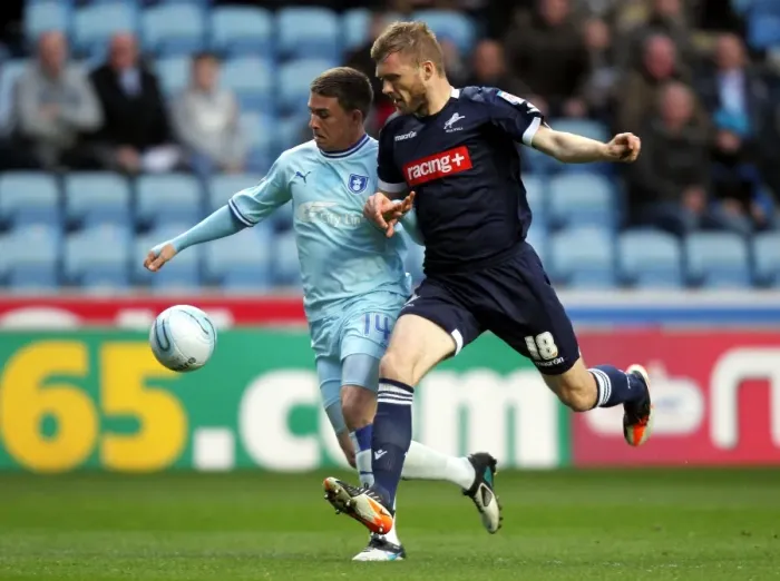 Framed Print : Cody McDonald vs Darren Ward: Intense Tackle in Coventry City vs Millwall Npower Championship Match (17-04-2012) Framed Print : Cody McDonald vs Darren Ward: Intense Tackle in Coventry City vs Millwall Npower Championship Match (17-04-2012)