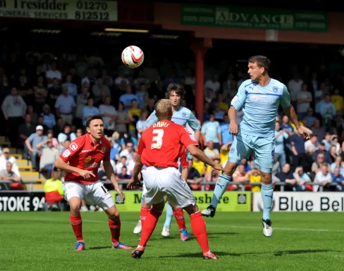 Framed Print : Cody McDonald's Headed Attempt vs. Crewe Alexandra: Coventry City's Striker Tries to Score (Npower League One, Gresty Road) Framed Print : Cody McDonald's Headed Attempt vs. Crewe Alexandra: Coventry City's Striker Tries to Score (Npower League One, Gresty Road)