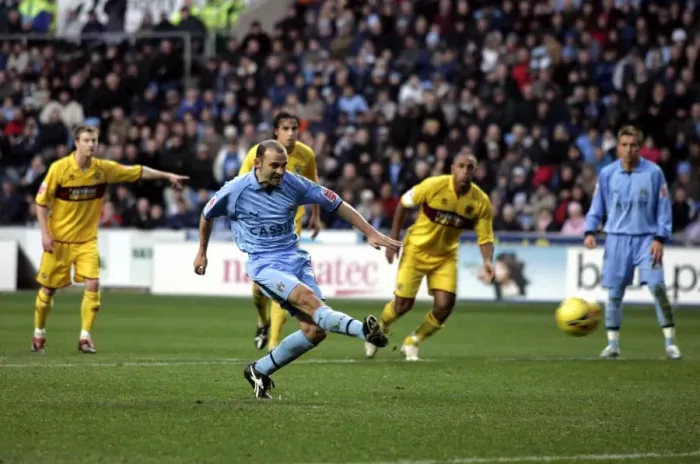 Framed Print : Colin Cameron Scores the Decisive Penalty: Coventry City vs Burnley (09-12-2006, Ricoh Arena) Framed Print : Colin Cameron Scores the Decisive Penalty: Coventry City vs Burnley (09-12-2006, Ricoh Arena)