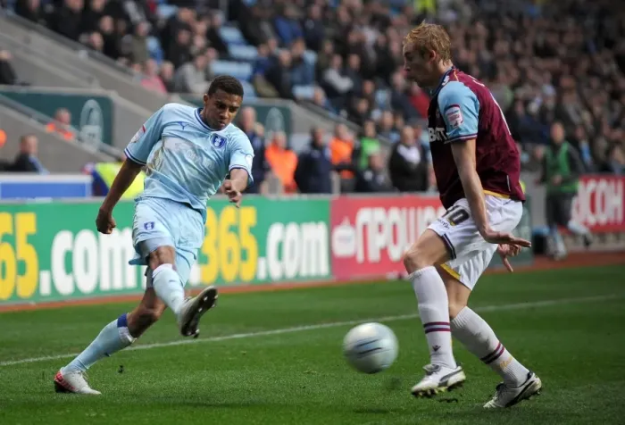Framed Print : Collison's Block: Coventry City vs. West Ham United - A Championship Showdown (November 19, 2011, Ricoh Arena) Framed Print : Collison's Block: Coventry City vs. West Ham United - A Championship Showdown (November 19, 2011, Ricoh Arena)