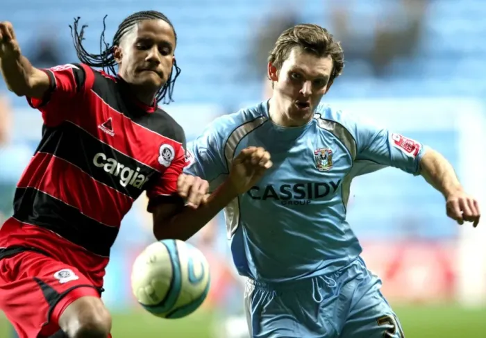 Framed Print : Competing for the Championship: A Battle Between Coventry City's Jay Tabb and Queens Park Rangers Michael Mancienne (Ricoh Arena, 2008) Framed Print : Competing for the Championship: A Battle Between Coventry City's Jay Tabb and Queens Park Rangers Michael Mancienne (Ricoh Arena, 2008)