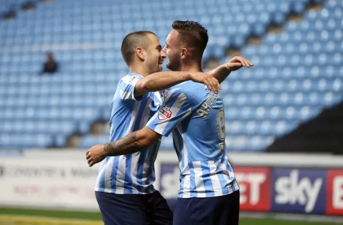 Framed Print : Coventry City: Armstrong and Cole Celebrate Historic Third Goal Against Barnsley (Sky Bet League One)