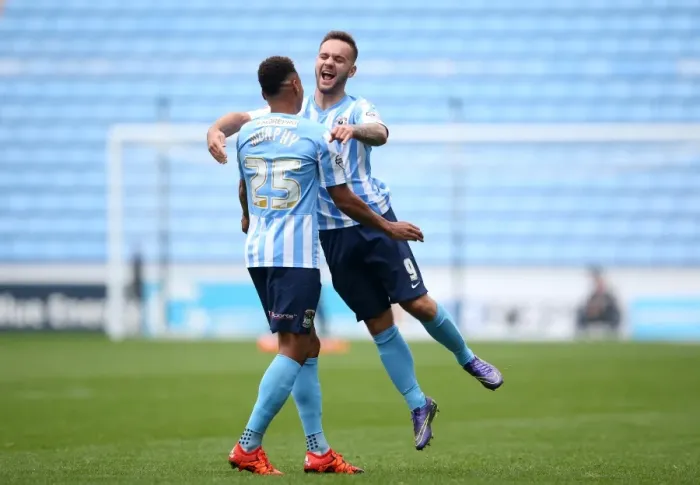 Framed Print : Coventry City: Armstrong and Murphy Celebrate First Goal in Sky Bet League One Victory over Shrewsbury Town (Ricoh Arena) Framed Print : Coventry City: Armstrong and Murphy Celebrate First Goal in Sky Bet League One Victory over Shrewsbury Town (Ricoh Arena)