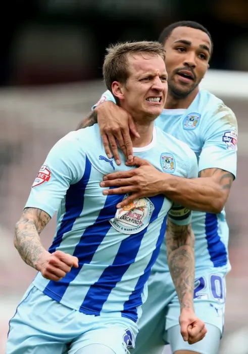 Framed Print : Coventry City: Baker and Wilson Celebrate Goal Against Milton Keynes Dons in Sky Bet League One Framed Print : Coventry City: Baker and Wilson Celebrate Goal Against Milton Keynes Dons in Sky Bet League One