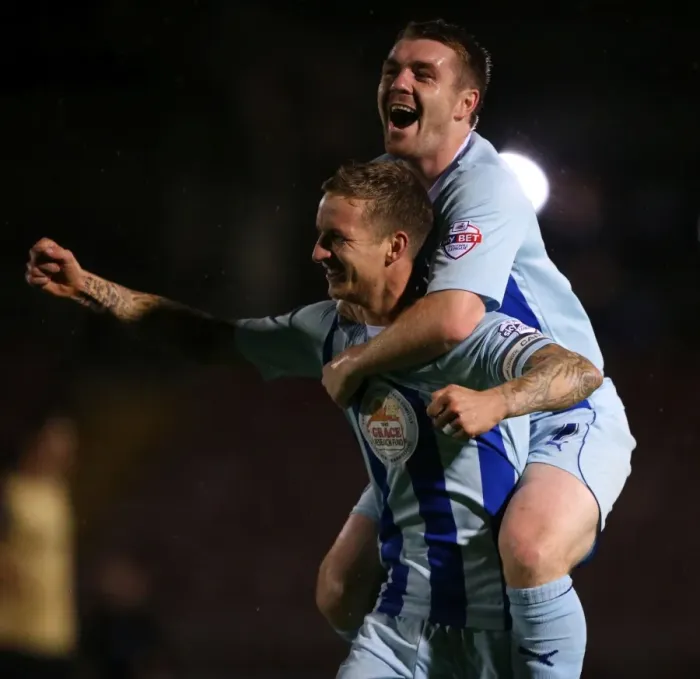 Framed Print : Coventry City: Carl Baker and John Fleck Celebrate First Goal Against Leyton Orient (Sky Bet League One, 2013) Framed Print : Coventry City: Carl Baker and John Fleck Celebrate First Goal Against Leyton Orient (Sky Bet League One, 2013)