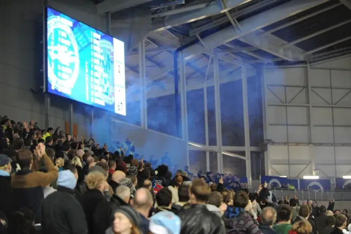Framed Print : Coventry City Fans Ignite AMEX Stadium with Blue Flare Framed Print : Coventry City Fans Ignite AMEX Stadium with Blue Flare