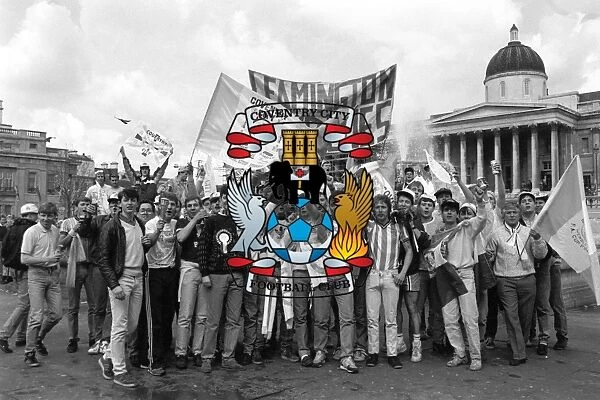 Coventry City Fans in Trafalgar Square: Waving Flags Ahead of FA Cup Final against Tottenham Hotspur at Wembley Stadium