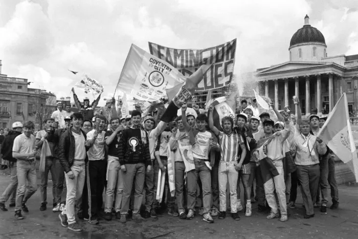 Framed Print : Coventry City Fans in Trafalgar Square: Waving Flags Ahead of FA Cup Final against Tottenham Hotspur at Wembley Stadium Framed Print : Coventry City Fans in Trafalgar Square: Waving Flags Ahead of FA Cup Final against Tottenham Hotspur at Wembley Stadium