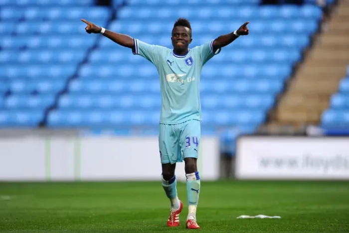 Framed Print : Coventry City FC: Gael Bigirimana's Triumphant Moment as Championship Champions Against Derby County (10-09-2011) Framed Print : Coventry City FC: Gael Bigirimana's Triumphant Moment as Championship Champions Against Derby County (10-09-2011)