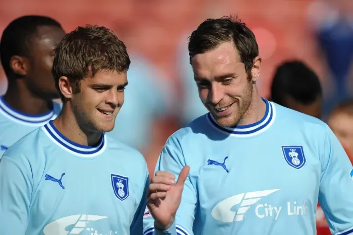Framed Print : Coventry City FC: Martin Cranie and Richard Keogh in Deep Conversation at Oakwell Stadium during Barnsley Match (Npower Football League Championship, 01-10-2011) Framed Print : Coventry City FC: Martin Cranie and Richard Keogh in Deep Conversation at Oakwell Stadium during Barnsley Match (Npower Football League Championship, 01-10-2011)