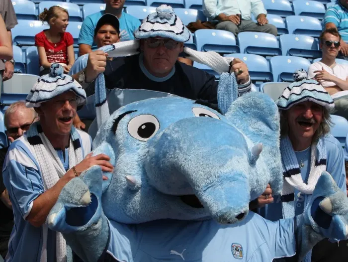Framed Print : Coventry City FC: Sky Blue Sam and Fans Celebrate at Ricoh Arena during Coventry City vs Ipswich Town in Championship (09-08-2009) Framed Print : Coventry City FC: Sky Blue Sam and Fans Celebrate at Ricoh Arena during Coventry City vs Ipswich Town in Championship (09-08-2009)