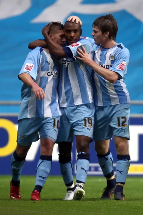 Framed Print : Coventry City FC: Clinton Morrison's Triumphant Carling Cup Celebration with Freddy Eastwood and Aron Gunnarsson (vs Aldershot Town, Round 1, 2008) Framed Print : Coventry City FC: Clinton Morrison's Triumphant Carling Cup Celebration with Freddy Eastwood and Aron Gunnarsson (vs Aldershot Town, Round 1, 2008)