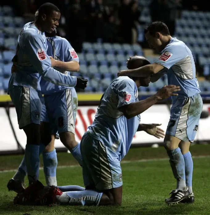 Framed Print : Coventry City FC: Dele Adebola's Euphoric Goal Celebration vs Ipswich Town in Coca-Cola Championship (2007) Framed Print : Coventry City FC: Dele Adebola's Euphoric Goal Celebration vs Ipswich Town in Coca-Cola Championship (2007)