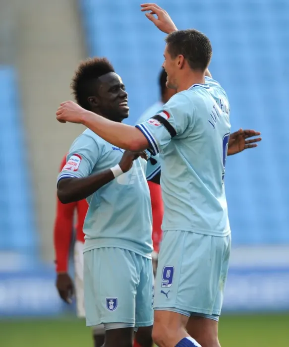 Framed Print : Coventry City FC: Lukas Jutkiewicz and Gael Bigirimana Celebrate Championship Victory over Nottingham Forest at Ricoh Arena Framed Print : Coventry City FC: Lukas Jutkiewicz and Gael Bigirimana Celebrate Championship Victory over Nottingham Forest at Ricoh Arena
