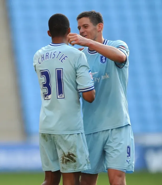 Framed Print : Coventry City FC: Lukas Jutkiewicz and Cyrus Christie Celebrate Championship Victory over Nottingham Forest (15-10-2011) Framed Print : Coventry City FC: Lukas Jutkiewicz and Cyrus Christie Celebrate Championship Victory over Nottingham Forest (15-10-2011)