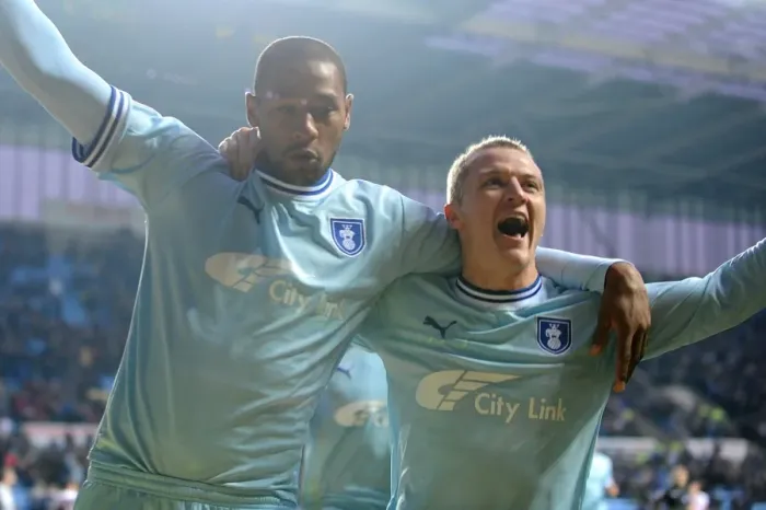 Framed Print : Coventry City FC: Clive Platt and Gary McSheffrey's Jubilant Moment after Scoring Second Goal vs Southampton (Npower Championship, 05-11-2011) Framed Print : Coventry City FC: Clive Platt and Gary McSheffrey's Jubilant Moment after Scoring Second Goal vs Southampton (Npower Championship, 05-11-2011)
