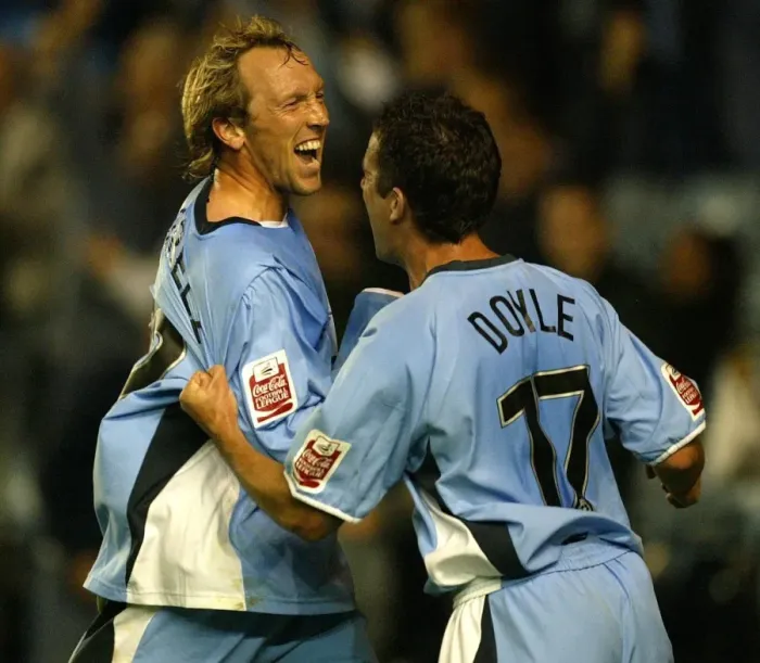 Framed Print : Coventry City FC: Andy Morrell and Michael Doyle Celebrate First Goal vs Gillingham (Coca-Cola Championship, Highfield Road, 2004) Framed Print : Coventry City FC: Andy Morrell and Michael Doyle Celebrate First Goal vs Gillingham (Coca-Cola Championship, Highfield Road, 2004)