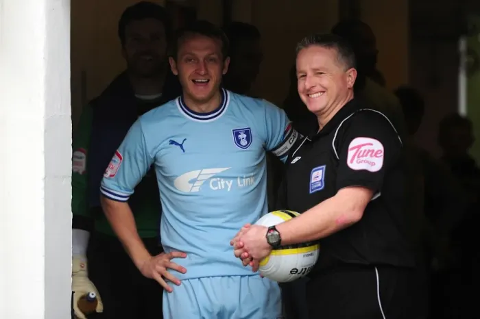 Framed Print : Coventry City FC: Sammy Clingan and Referee Colin Webster Sharing a Light-Hearted Moment in the Tunnel Before the Watford Clash (Npower Championship, 17-03-2012) Framed Print : Coventry City FC: Sammy Clingan and Referee Colin Webster Sharing a Light-Hearted Moment in the Tunnel Before the Watford Clash (Npower Championship, 17-03-2012)