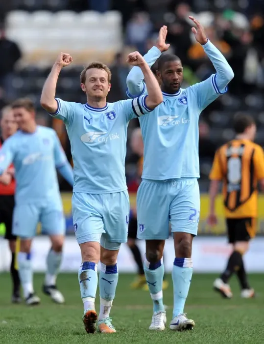 Framed Print : Coventry City FC: Championship Victory Celebration - Sammy Clingan and Clive Platt's Emotional Reaction (31-03-2012 vs. Hull City) Framed Print : Coventry City FC: Championship Victory Celebration - Sammy Clingan and Clive Platt's Emotional Reaction (31-03-2012 vs. Hull City)