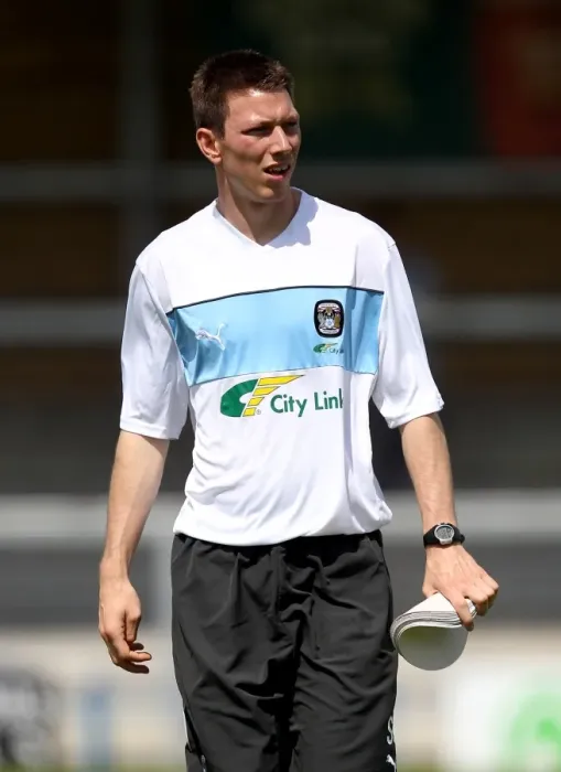 Framed Print : Coventry City FC: Assistant Physiotherapist Sam Heathcote Leads Training Session at Hinckley United's Pre-Season Friendly at De Montfort Park