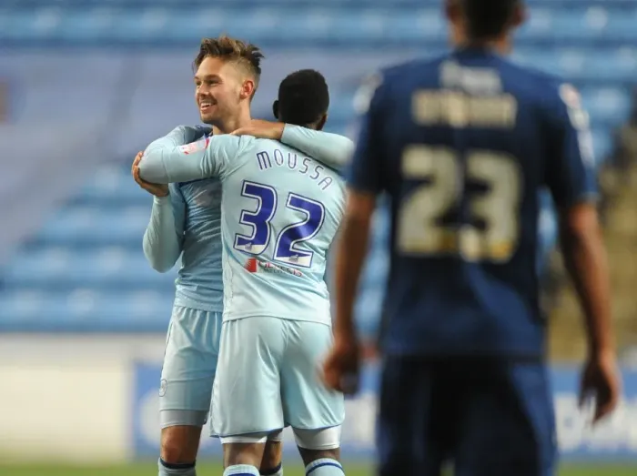 Framed Print : Coventry City FC: James Bailey and Franck Moussa Celebrate Promotion-Clinching Victory over Oldham in npower League One Framed Print : Coventry City FC: James Bailey and Franck Moussa Celebrate Promotion-Clinching Victory over Oldham in npower League One