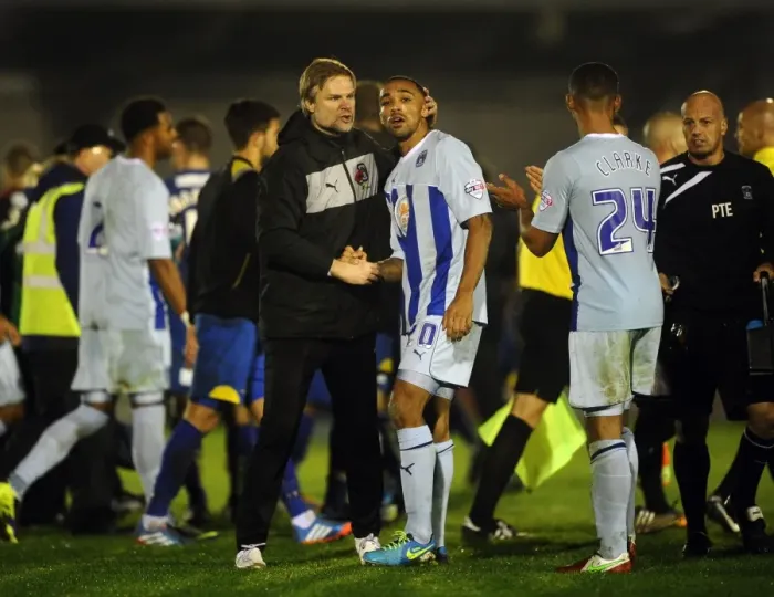 Framed Print : Coventry City FC Advances in FA Cup: Manager Steven Pressley and Callum Wilson Celebrate AFC Wimbledon Victory Framed Print : Coventry City FC Advances in FA Cup: Manager Steven Pressley and Callum Wilson Celebrate AFC Wimbledon Victory