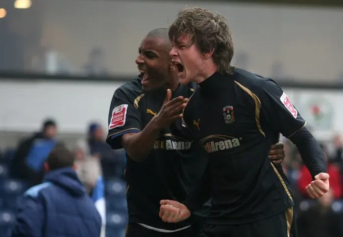 Framed Print : Coventry City FC: Aron Gunnarsson and Clinton Morrison Celebrate Second Goal vs. Blackburn Rovers in FA Cup Fifth Round (Feb 2009) Framed Print : Coventry City FC: Aron Gunnarsson and Clinton Morrison Celebrate Second Goal vs. Blackburn Rovers in FA Cup Fifth Round (Feb 2009)