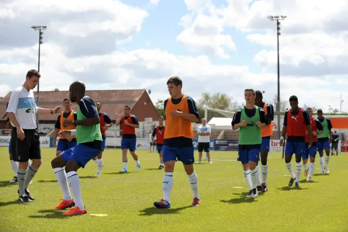 Framed Print : Coventry City FC: Assistant Physio Sam Heathcote Conducts Pre-Season Warm-Up at Nuneaton Town Framed Print : Coventry City FC: Assistant Physio Sam Heathcote Conducts Pre-Season Warm-Up at Nuneaton Town