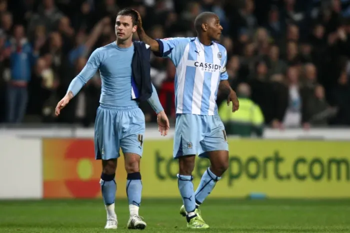 Framed Print : Coventry City FC: Clinton Morrison and Daniel Fox's FA Cup Victory Celebration vs. Blackburn Rovers (2009) Framed Print : Coventry City FC: Clinton Morrison and Daniel Fox's FA Cup Victory Celebration vs. Blackburn Rovers (2009)