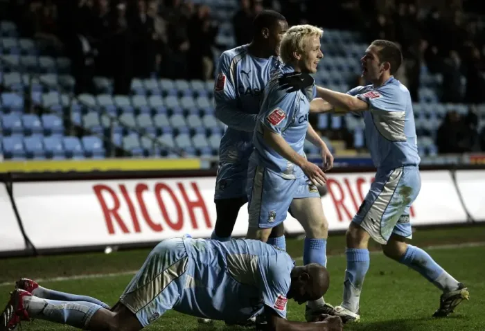 Framed Print : Coventry City FC: Dele Adebola's Goal Celebration vs Ipswich Town in Coca-Cola Championship (2007) Framed Print : Coventry City FC: Dele Adebola's Goal Celebration vs Ipswich Town in Coca-Cola Championship (2007)