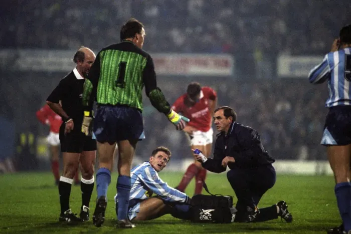 Framed Print : Coventry City FC: George Dalton Attends to Kevin Gallacher's Injury as Ogrizovic Offers Support (1990, Rumbelows Cup) Framed Print : Coventry City FC: George Dalton Attends to Kevin Gallacher's Injury as Ogrizovic Offers Support (1990, Rumbelows Cup)