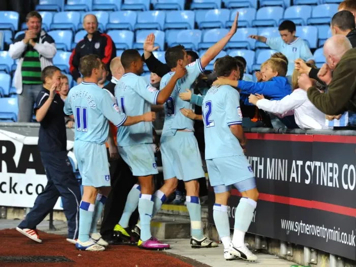 Framed Print : Coventry City FC: Lukas Jutkiewicz Scores Second Goal, Celebrates with Fans and Team (27-09-2011 vs Blackpool, Ricoh Arena) Framed Print : Coventry City FC: Lukas Jutkiewicz Scores Second Goal, Celebrates with Fans and Team (27-09-2011 vs Blackpool, Ricoh Arena)
