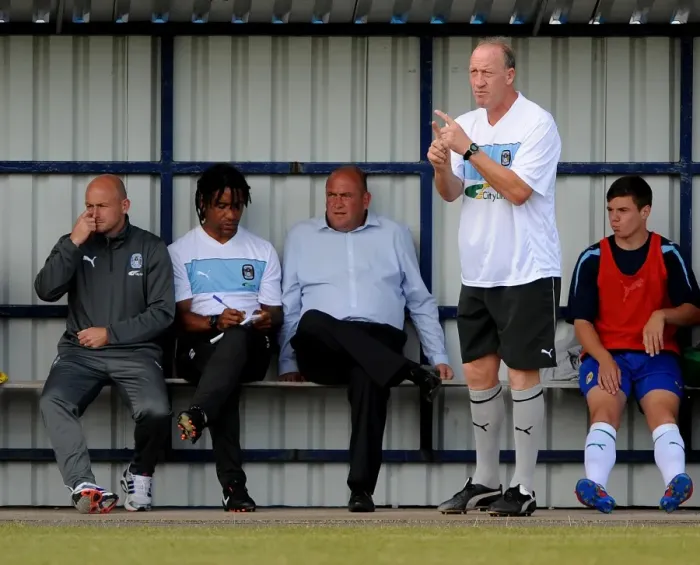 Framed Print : Coventry City FC: Manager Andy Thorn and Coaches Steve Ogrizovic, Richard Shaw, and Lee Carsley Give Team Instructions at Nuneaton Town's Liberty Way Stadium Framed Print : Coventry City FC: Manager Andy Thorn and Coaches Steve Ogrizovic, Richard Shaw, and Lee Carsley Give Team Instructions at Nuneaton Town's Liberty Way Stadium