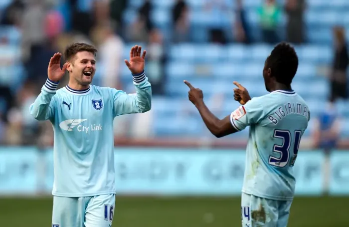 Framed Print : Coventry City FC: Oliver Norwood and Gael Bigirimana's Championship-Winning Celebration vs. Portsmouth (2012) Framed Print : Coventry City FC: Oliver Norwood and Gael Bigirimana's Championship-Winning Celebration vs. Portsmouth (2012)