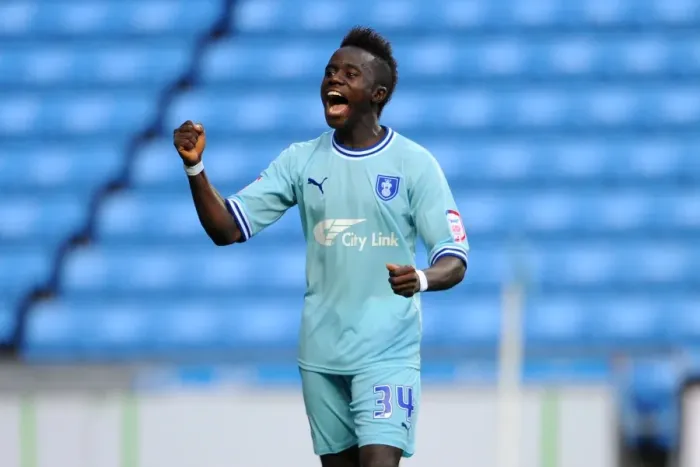Framed Print : Coventry City FC's Championship Triumph: Gael Bigirimana's Euphoric Moment at Derby County (10-09-2011) Framed Print : Coventry City FC's Championship Triumph: Gael Bigirimana's Euphoric Moment at Derby County (10-09-2011)
