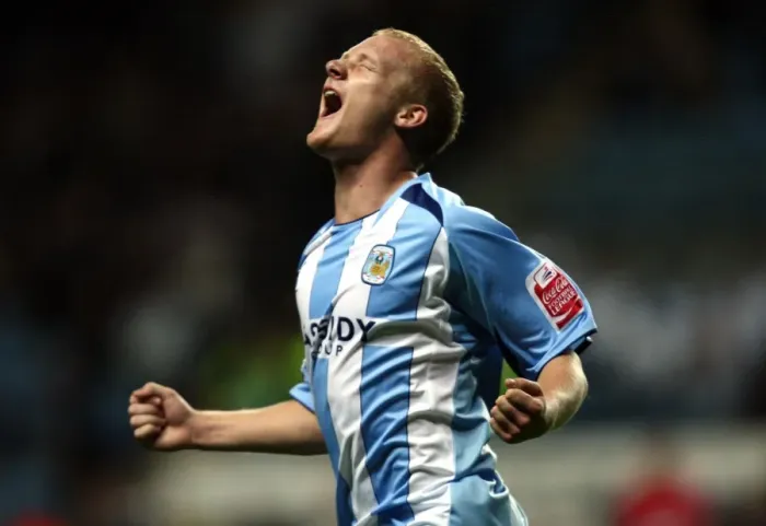 Framed Print : Coventry City FC's Robbie Simpson Celebrates Third Goal Against Aldershot Town in Carling Cup Round 1 (2008) Framed Print : Coventry City FC's Robbie Simpson Celebrates Third Goal Against Aldershot Town in Carling Cup Round 1 (2008)